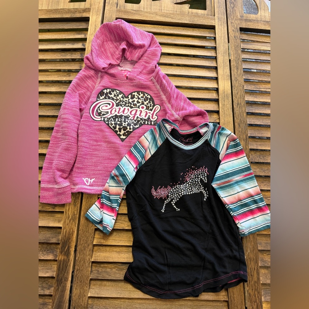 Cowgirl Hardware Heart Pink Cheetah Hoodie & Aztec Striped Horse Top Set Size 5T